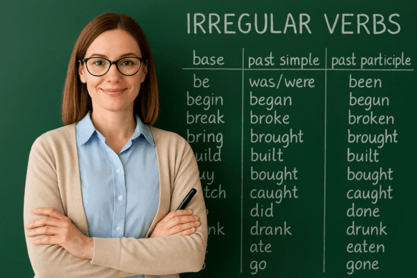 Enseignante souriante devant un tableau vert affichant les conjugaisons de verbes irréguliers en anglais.